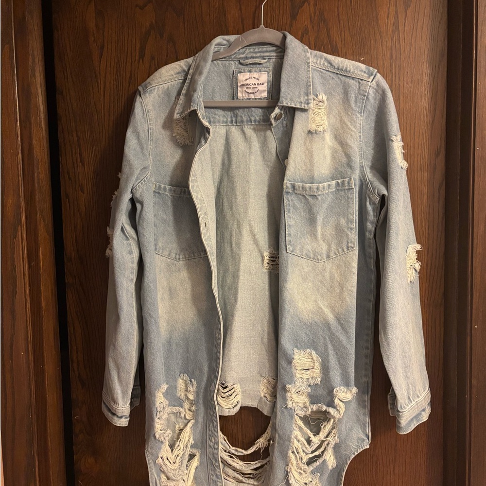 American Bazi Ripped Denim Jacket in Light Blue